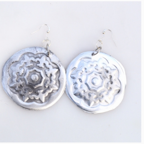 Big Silver Embossed Silver Boho Earrings Hippie Lightweight Aluminum Handmade - Picture 3 of 5
